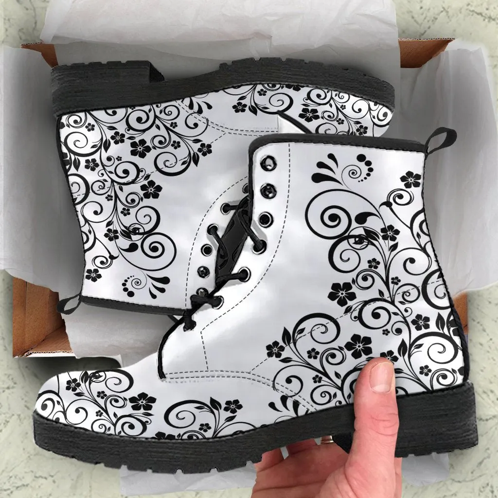 Combat Boots - Swirls | Goth Boots, Gothic Boots, Black Boots, Black Hipster Boots, Black Combat Boots, White Boots Women